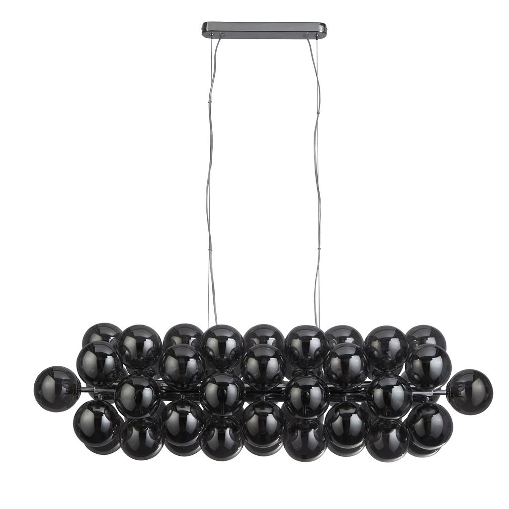 Berry 100cm Couleur fumée suspension De Searchlight - Berry est un plafonnier qui prend vraiment de la place – avec un total de 25 sources lumineuses, entourées de dômes en verre couleur fumée dans un style moderne et minimaliste, il est garanti d'être un accroche-regard dans n'importe quelle pièce.