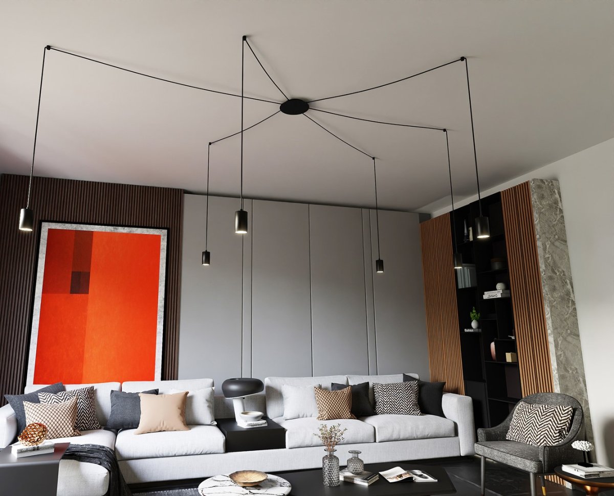 Traker 6 Noir suspension De Emibig Lighting - Il est parfait pour les espaces loft élevés, mettant magnifiquement en valeur leur caractère moderne tout en offrant un bel éclairage.
