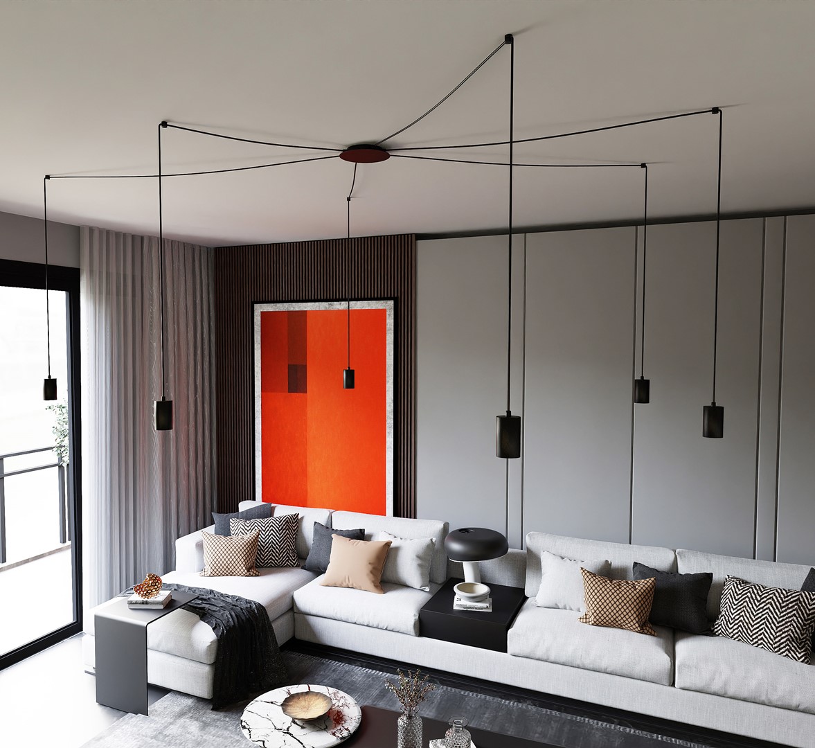 Traker 6 Noir suspension De Emibig Lighting - Il est parfait pour les espaces loft élevés, mettant magnifiquement en valeur leur caractère moderne tout en offrant un bel éclairage.