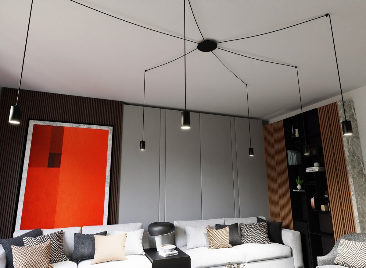 Traker 6 Noir suspension De Emibig Lighting - Il est parfait pour les espaces loft élevés, mettant magnifiquement en valeur leur caractère moderne tout en offrant un bel éclairage.