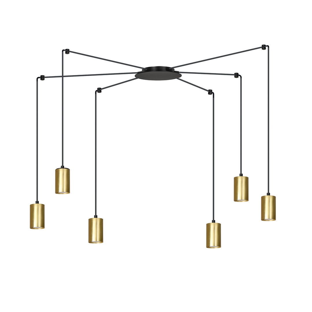 Traker 6 Or suspension De Emibig Lighting - Il est parfait pour les espaces loft élevés, mettant magnifiquement en valeur leur caractère moderne tout en offrant un bel éclairage.