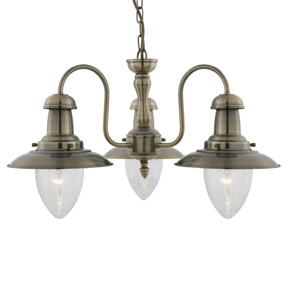 Fisherman Ø52 Laiton antique suspension De Searchlight - La suspension Fisherman en laiton antique &agrave; trois sources lumineuses pr&eacute;sente des abat-jour robustes fix&eacute;s au support central avec des bras &eacute;l&eacute;gants et courb&eacute;s.