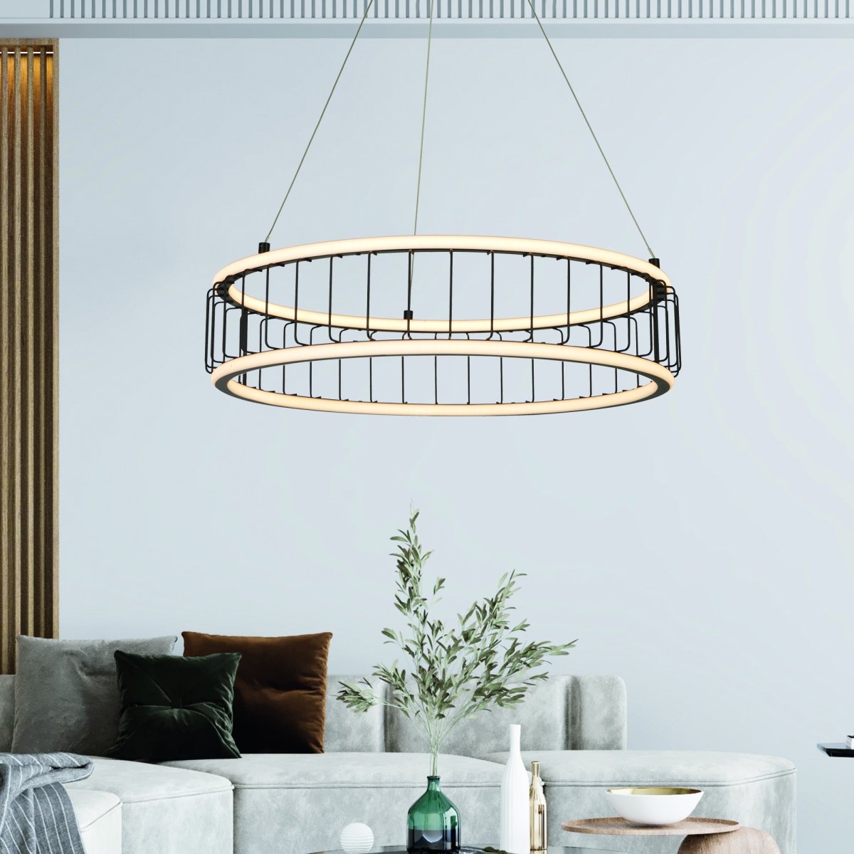 Circolo Ø57 Sable noir suspension De Searchlight - Cette fonction unique fournit un éclairage équilibré et uniformément réparti, parfait pour le salon, le couloir, la cuisine ou au-dessus de la table à manger.