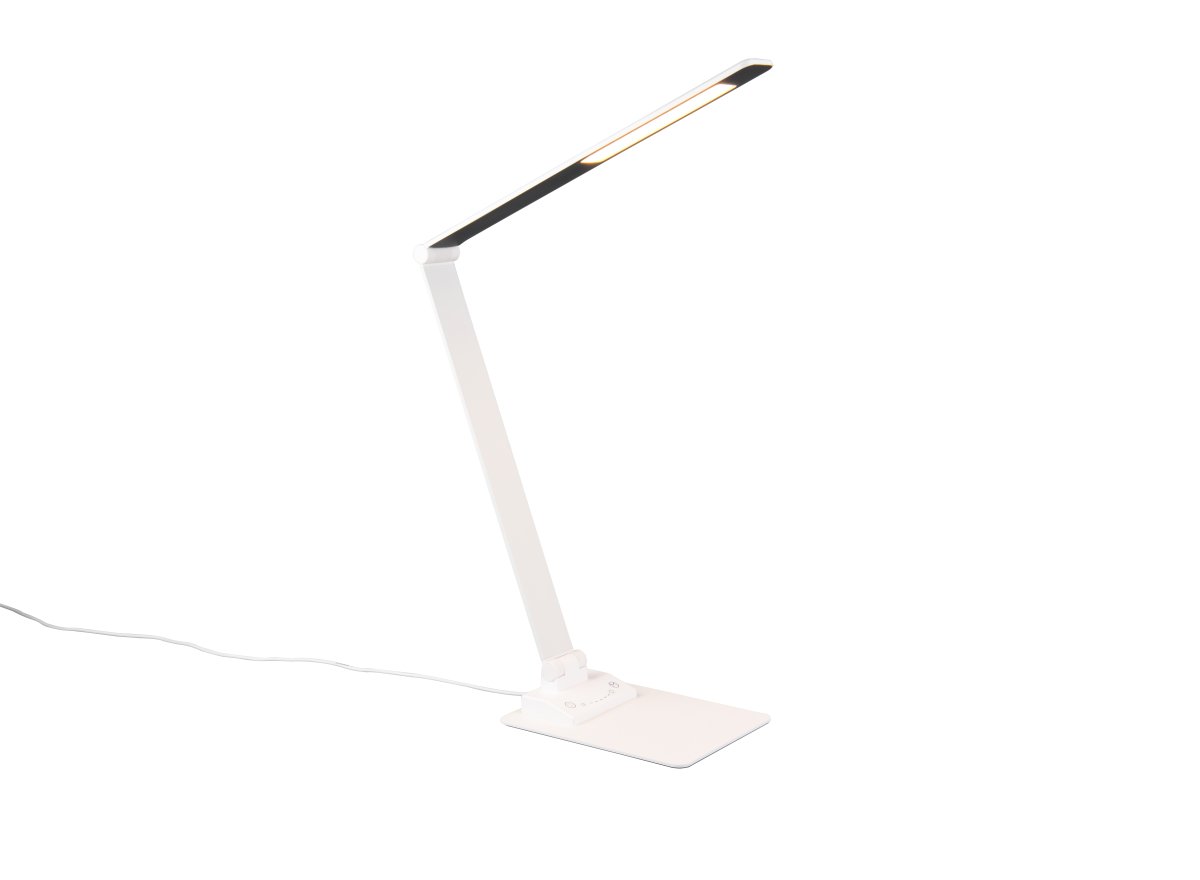 Travis 70cm Blanc lampe de bureau De Trio Lighting - La lampe de table TRAVIS offre une solution confortable pour les yeux grâce à son variateur intégré, permettant de régler la luminosité sur trois niveaux (100 %, 50 % et 25 %) selon vos besoins.