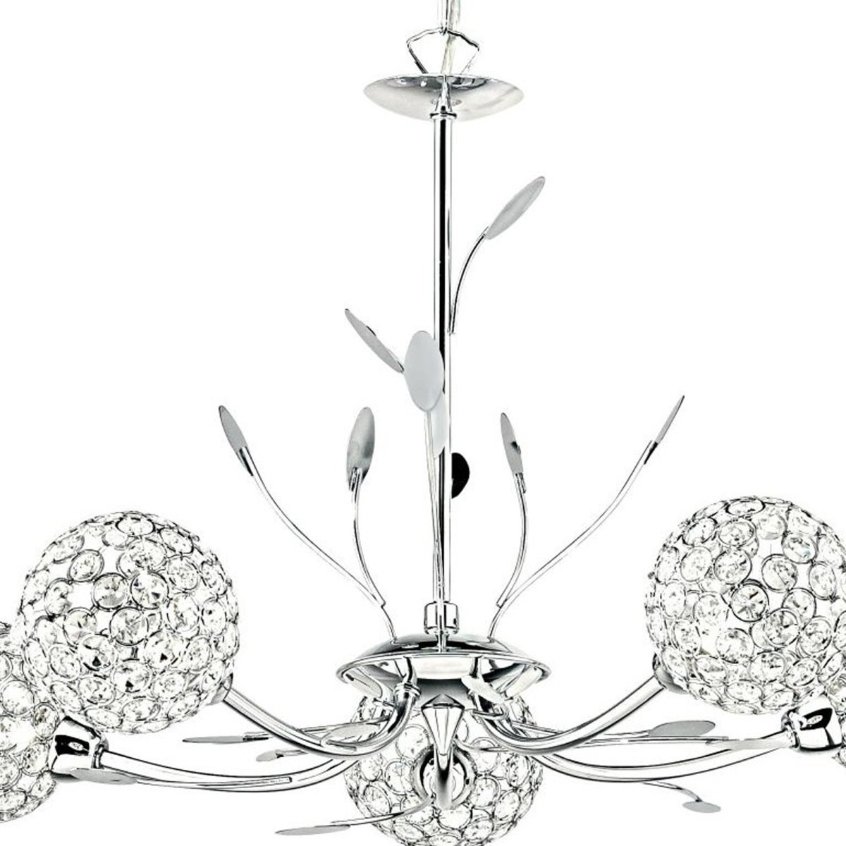 Bellis Ø58 Chrome suspension De Searchlight - Cette élégante lampe est magnifiquement conçue avec une décoration de feuilles et cinq sphères en forme de fleur en verre transparent et chrome qui diffusent la lumière.