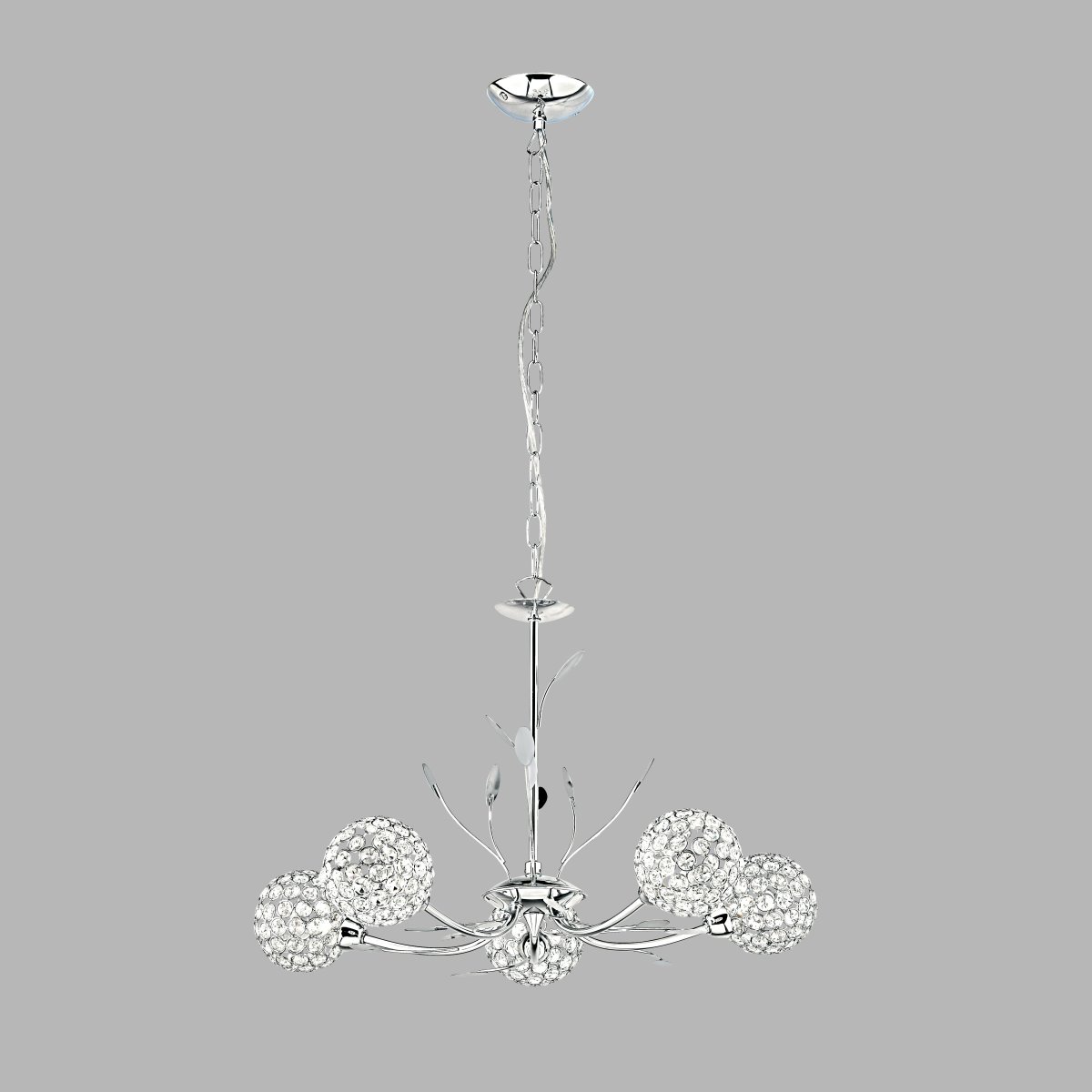 Bellis Ø58 Chrome suspension De Searchlight - Cette élégante lampe est magnifiquement conçue avec une décoration de feuilles et cinq sphères en forme de fleur en verre transparent et chrome qui diffusent la lumière.