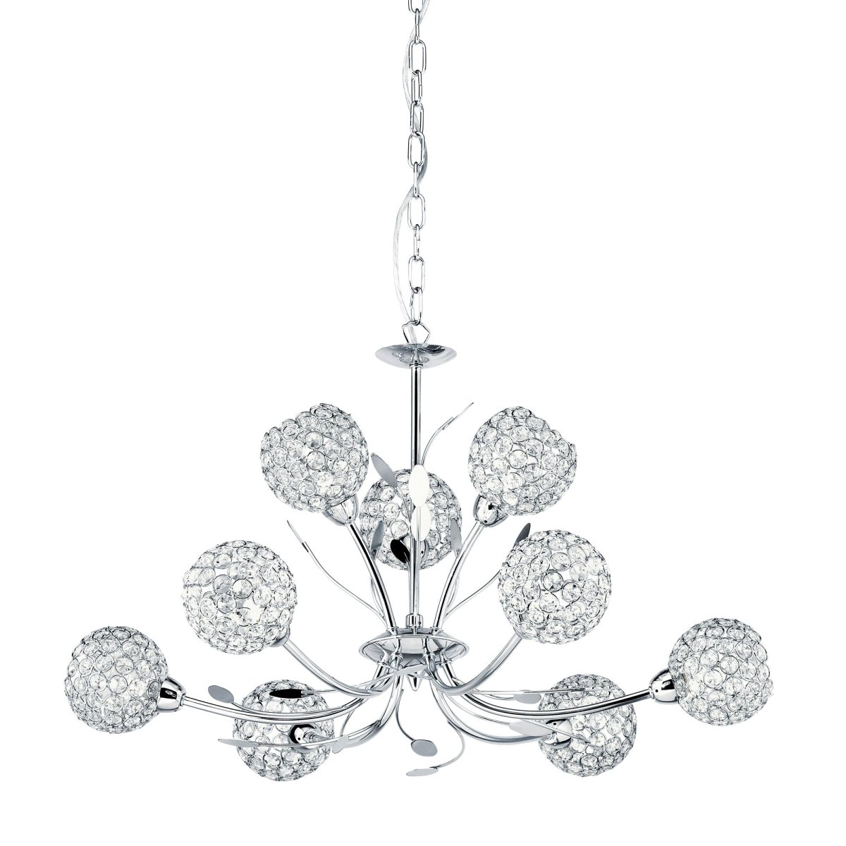 Bellis Ø68 Chrome suspension De Searchlight - Cette lampe magnifiquement con&ccedil;ue pr&eacute;sente une d&eacute;coration en forme de feuille et neuf sph&egrave;res en forme de fleur en chrome et en verre transparent qui diffusent la lumi&egrave;re.