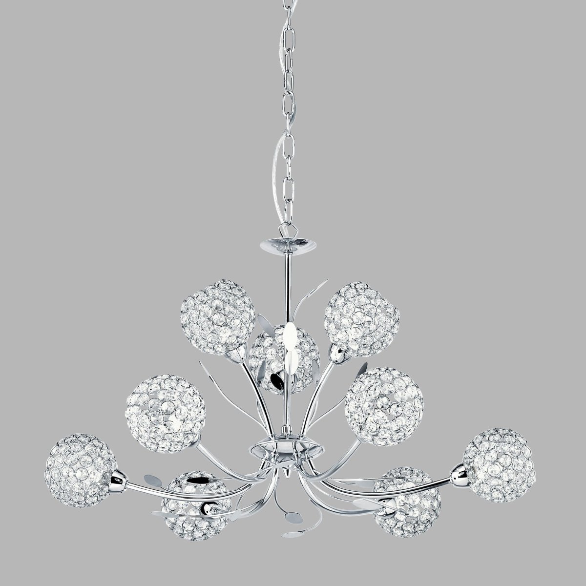 Bellis Ø68 Chrome suspension De Searchlight - Cette lampe magnifiquement con&ccedil;ue pr&eacute;sente une d&eacute;coration en forme de feuille et neuf sph&egrave;res en forme de fleur en chrome et en verre transparent qui diffusent la lumi&egrave;re.
