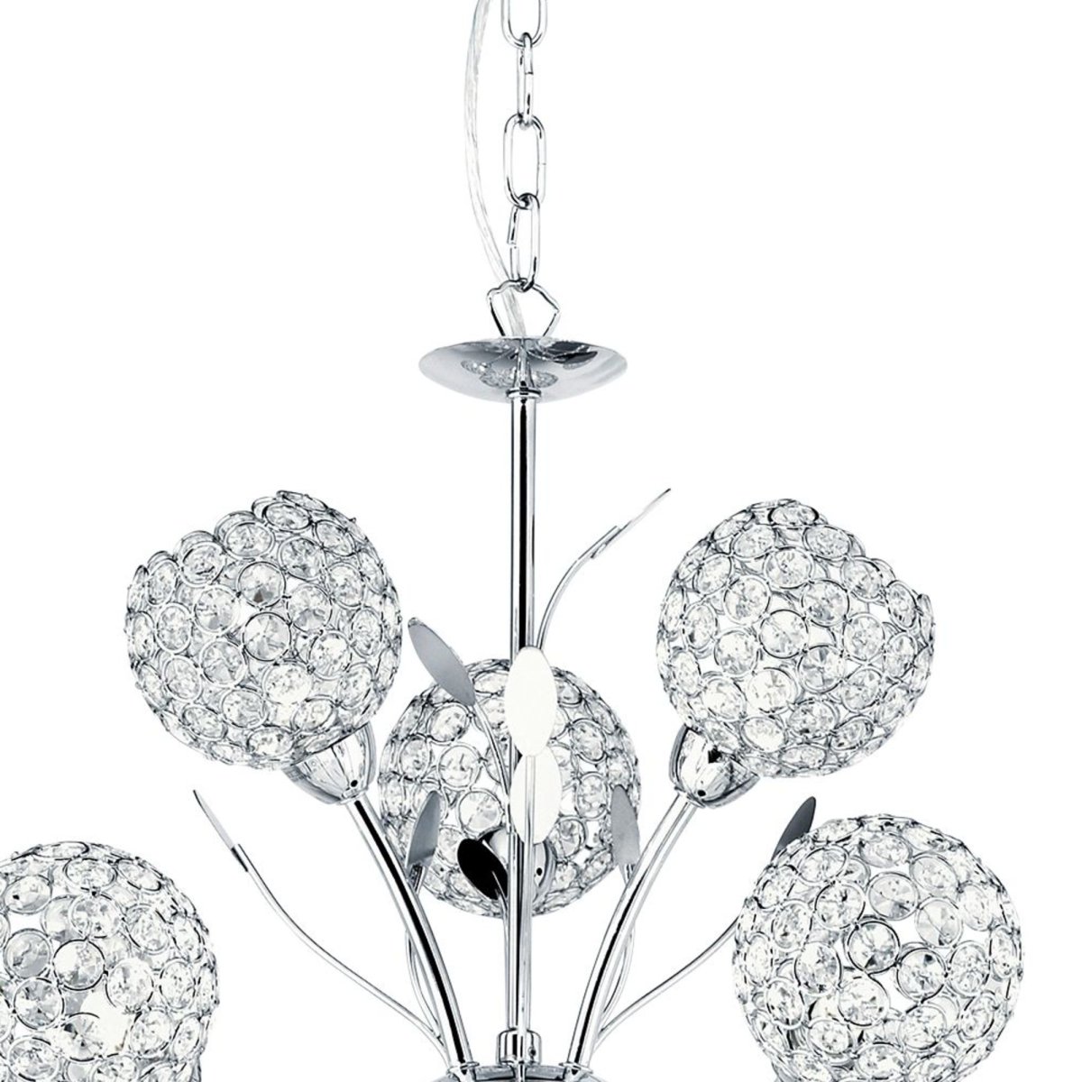 Bellis Ø68 Chrome suspension De Searchlight - Cette lampe magnifiquement con&ccedil;ue pr&eacute;sente une d&eacute;coration en forme de feuille et neuf sph&egrave;res en forme de fleur en chrome et en verre transparent qui diffusent la lumi&egrave;re.