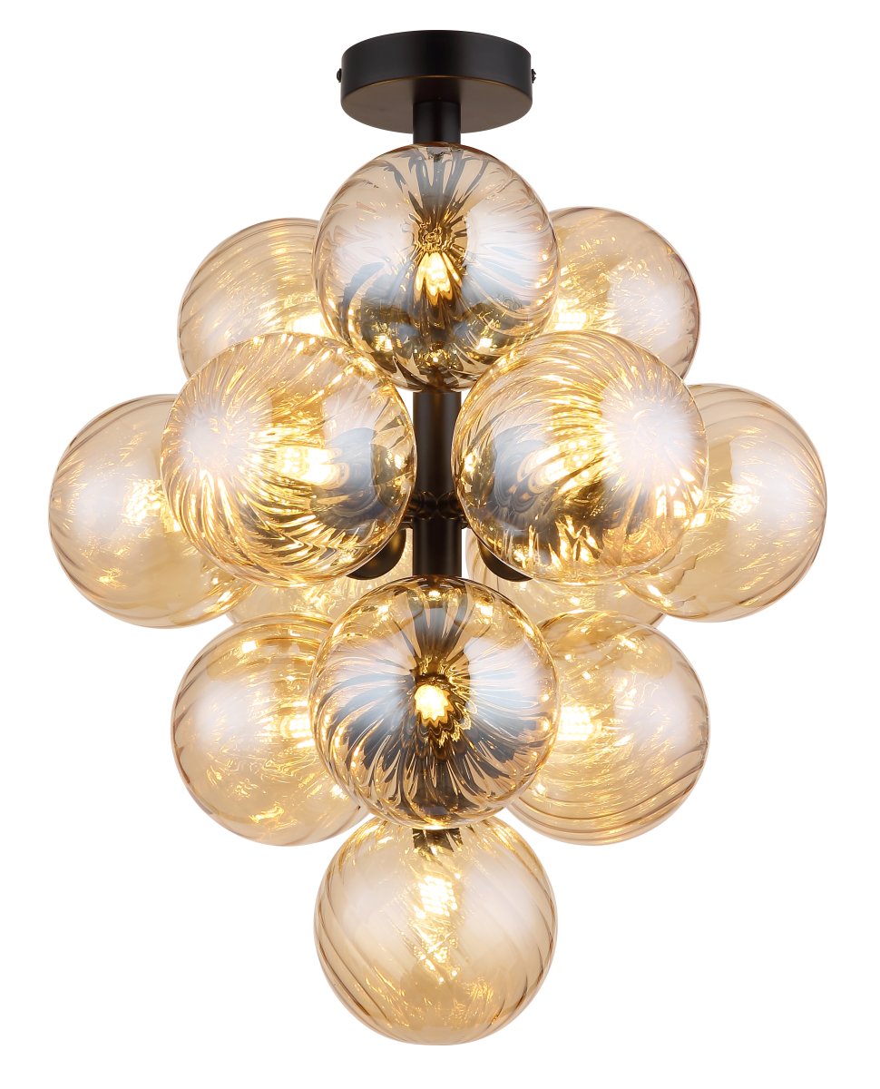 Conor Ø40 Ambre plafonnier De Globo Lighting - Den har 13st dekorativa ambertonade glaskupor som alla omfamnar en ljusk&auml;lla vilket skapar en fin och harmonisk ljusspridning i rummet.