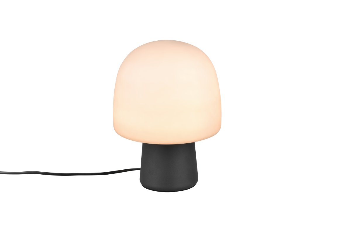 Steen 27cm Noir lampe de table De Trio Lighting - Avec sa silhouette en forme de champignon et la combinaison d'une base noire mate et d'un abat-jour en verre de couleur taupe, il devient un accroche-regard élégant dans n'importe quelle pièce.
