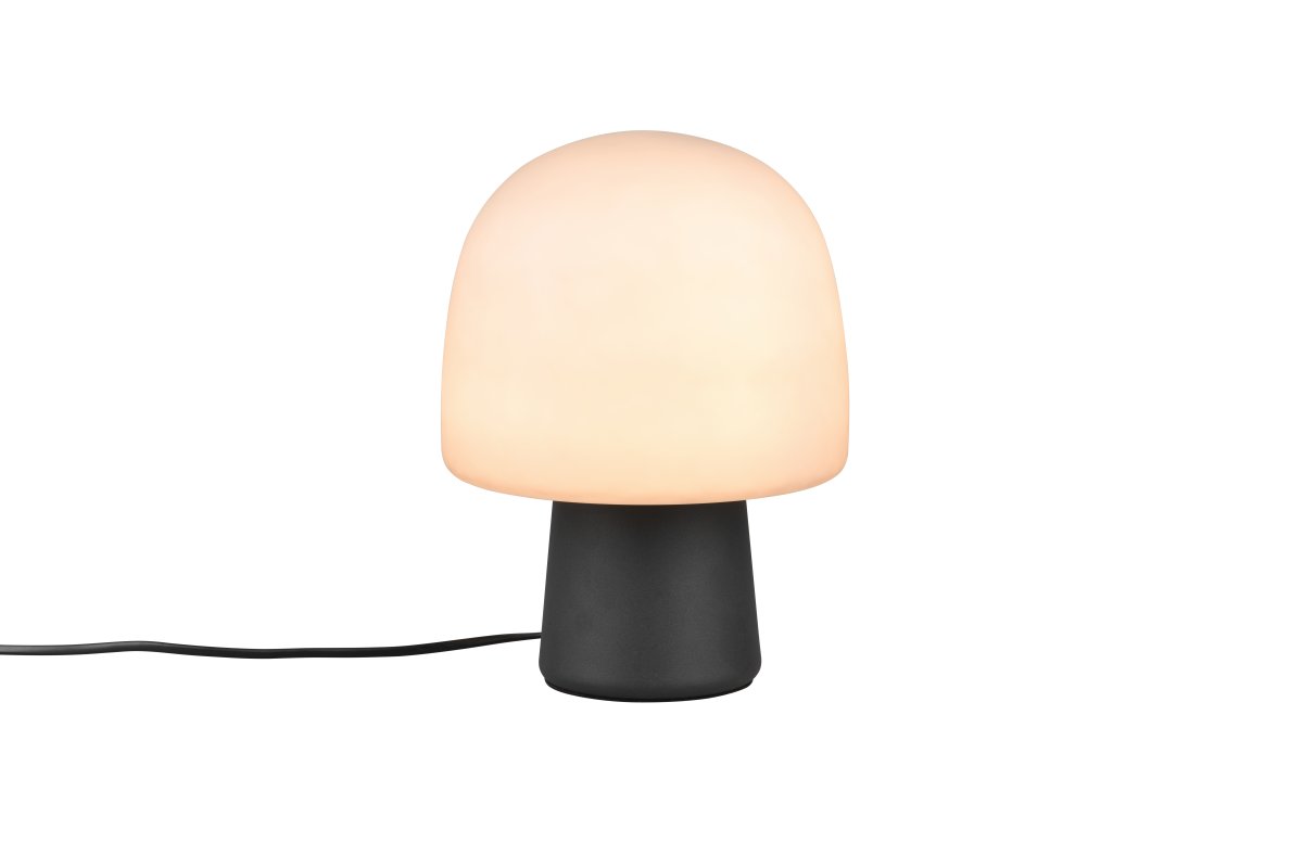 Steen 27cm Noir lampe de table De Trio Lighting - Avec sa silhouette en forme de champignon et la combinaison d'une base noire mate et d'un abat-jour en verre de couleur taupe, il devient un accroche-regard élégant dans n'importe quelle pièce.