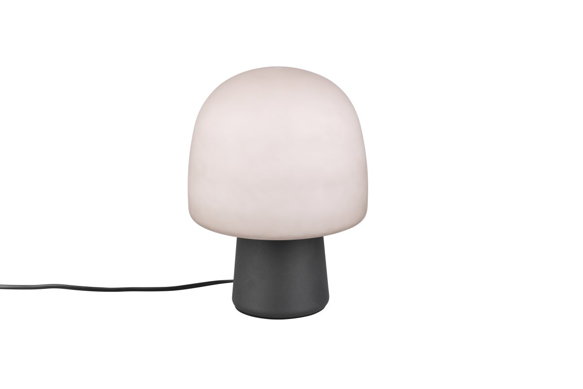 Steen 27cm Noir lampe de table De Trio Lighting - Avec sa silhouette en forme de champignon et la combinaison d'une base noire mate et d'un abat-jour en verre de couleur taupe, il devient un accroche-regard élégant dans n'importe quelle pièce.