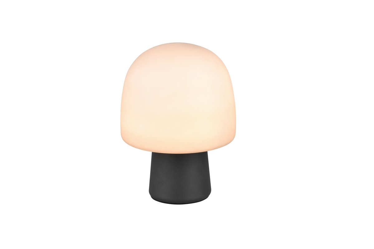 Steen 27cm Noir lampe de table De Trio Lighting - Avec sa silhouette en forme de champignon et la combinaison d'une base noire mate et d'un abat-jour en verre de couleur taupe, il devient un accroche-regard élégant dans n'importe quelle pièce.