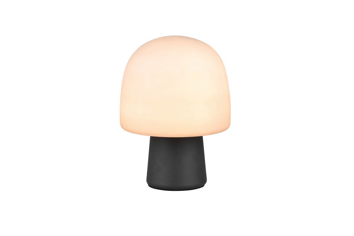 Steen 27cm Noir lampe de table De Trio Lighting - Avec sa silhouette en forme de champignon et la combinaison d'une base noire mate et d'un abat-jour en verre de couleur taupe, il devient un accroche-regard élégant dans n'importe quelle pièce.