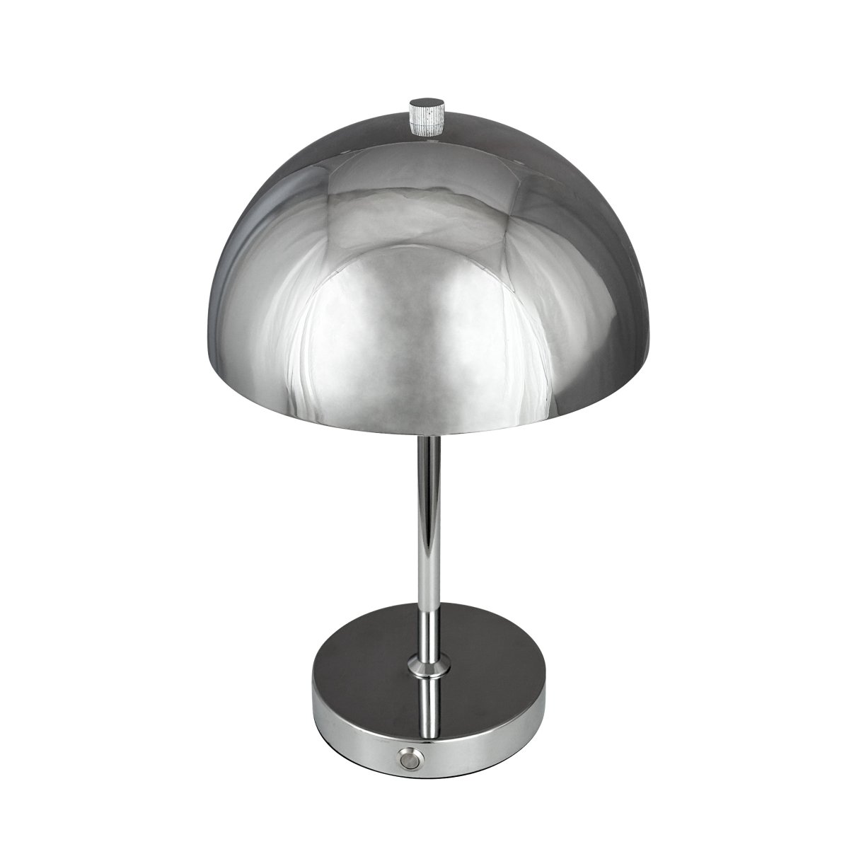 Stockholm 30cm Chrome portable De Dyberg Larsen - Den har en praktisk str&ouml;mindikator &ndash; gr&ouml;nt ljus vid full laddning och r&ouml;tt vid l&aring;g batteriniv&aring;.