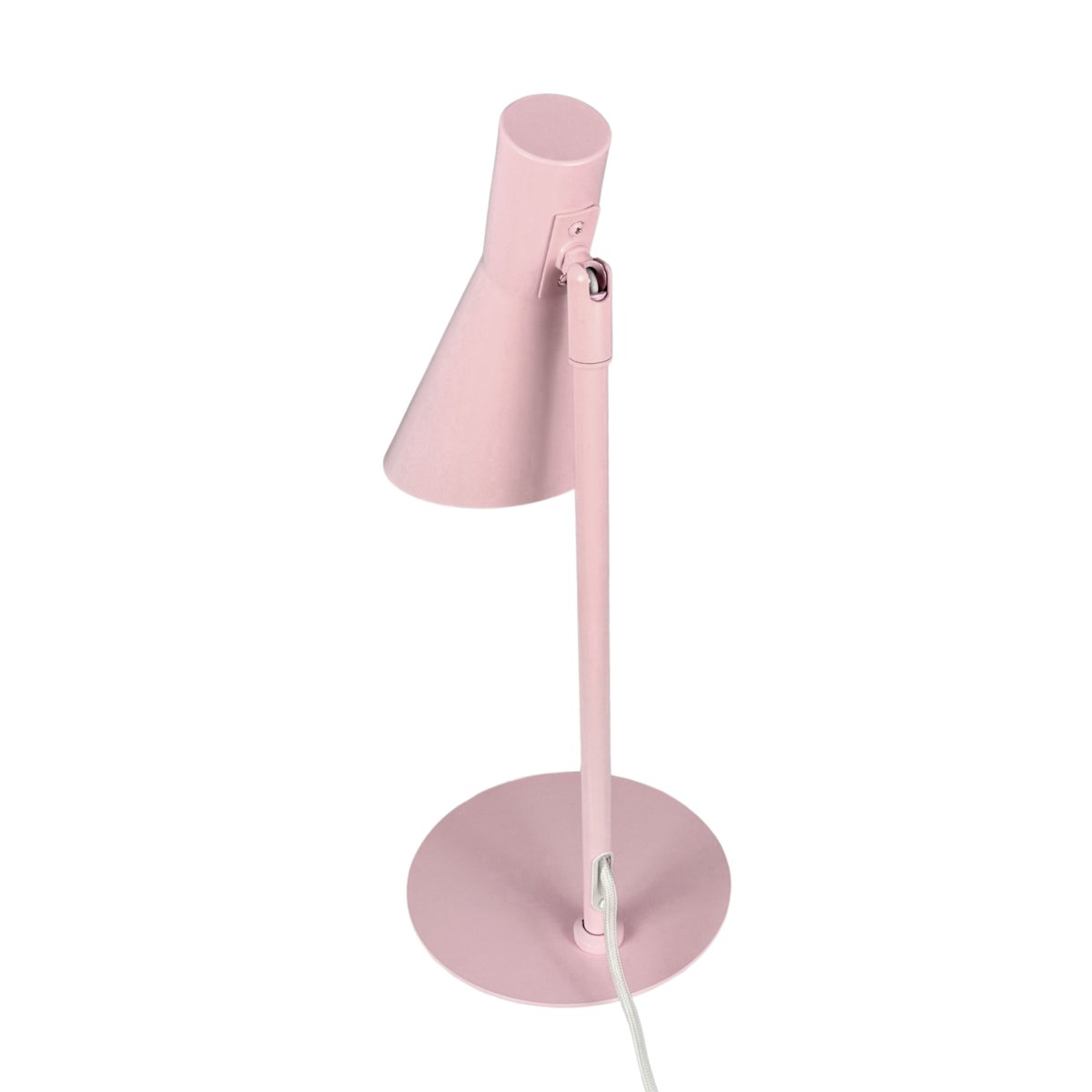 DL12 Mini 40cm Rose lampe de bureau De Dyberg Larsen - Elle est fournie avec un câble textile noir de 1,6 m, un interrupteur et une prise secteur.