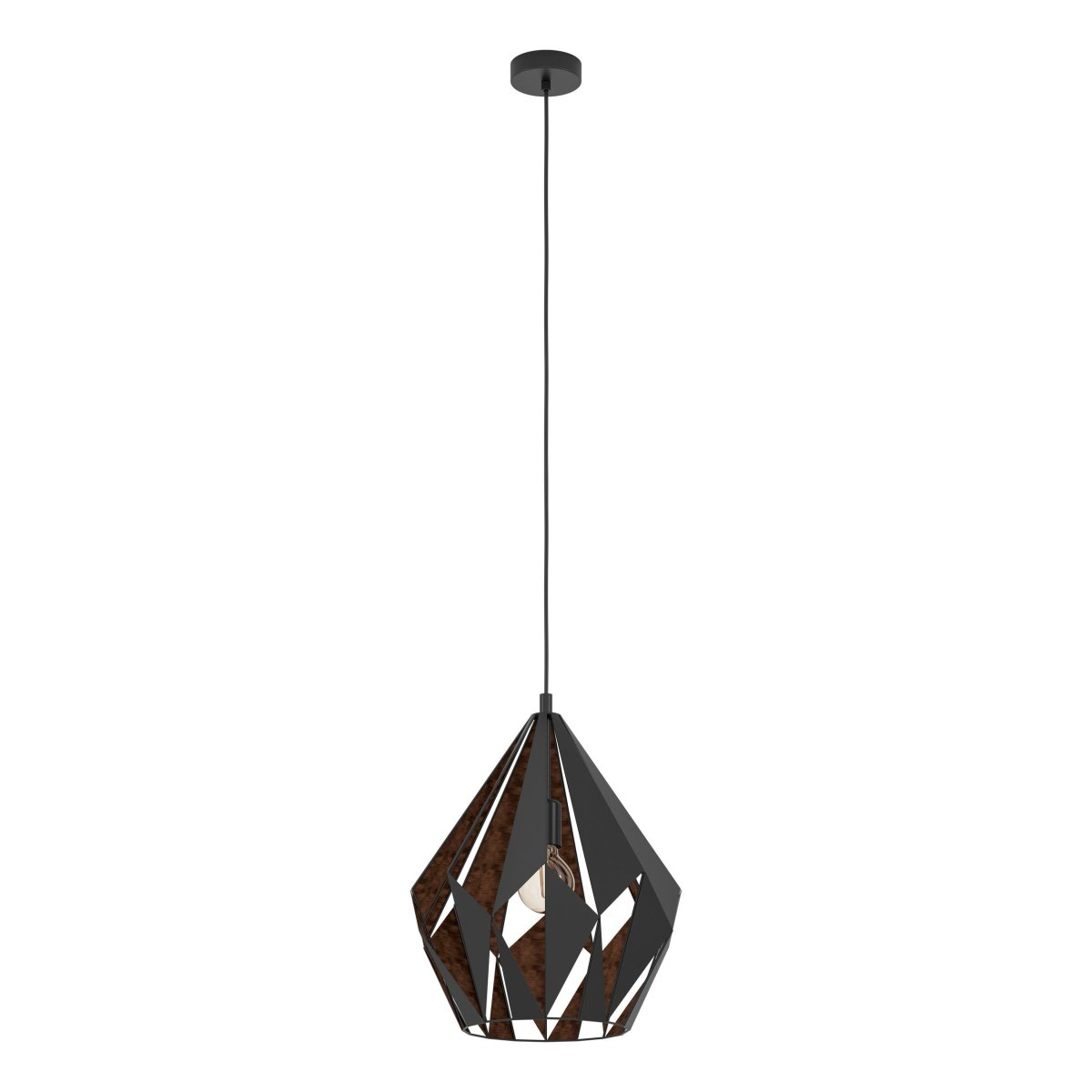 Carlton Ø38 Noir suspension De Eglo - Son ext&eacute;rieur noir s'harmonise parfaitement avec son int&eacute;rieur couleur cuivre, qui diffuse une lumi&egrave;re chaleureuse et intime.