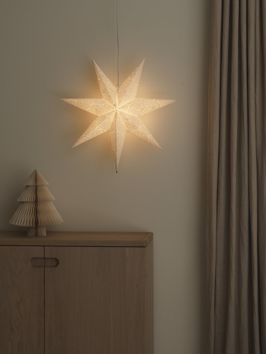 Étoile en papier brodée Ø60 Blanc De Konstsmide - Avec un diam&egrave;tre de 60 cm, elle est id&eacute;ale pour &ecirc;tre suspendue &agrave; une fen&ecirc;tre et deviendra un magnifique &eacute;l&eacute;ment de d&eacute;coration durant l'Avent et No&euml;l.