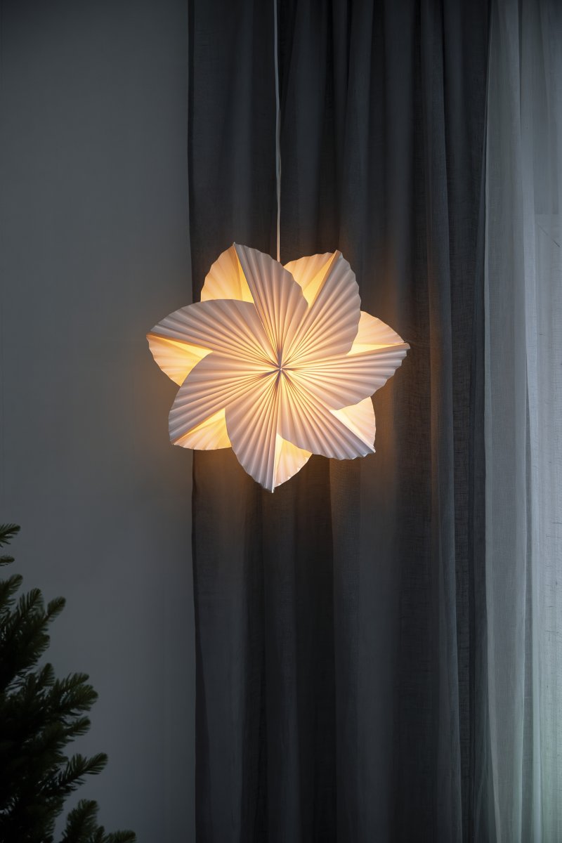 Étoile en papier plissée Ø60 Blanc De Konstsmide - Comprend un c&acirc;ble blanc de 5 m, un interrupteur et une prise.