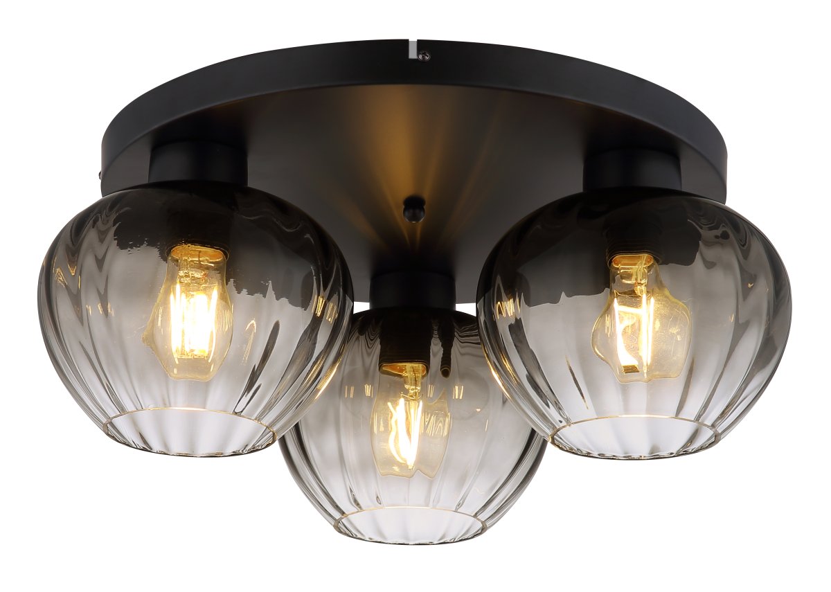 Toy Ø45 Noir plafonnier De Globo Lighting - De r&auml;fflade r&ouml;ktonade glasen skapar en fin och varm ljusspridning i rummet.