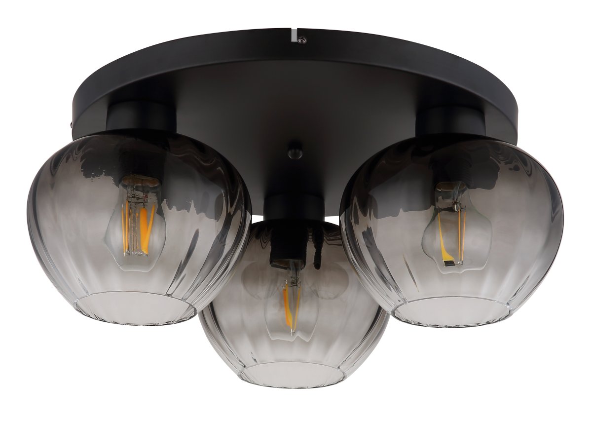 Toy Ø45 Noir plafonnier De Globo Lighting - De r&auml;fflade r&ouml;ktonade glasen skapar en fin och varm ljusspridning i rummet.