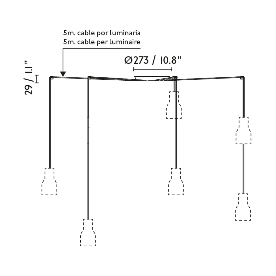 Mambo 5x Ø32 Nature suspension De Faro Barcelona - Chaque c&acirc;ble de 5 m de long est dot&eacute; d'un cordon de tension qui permet de monter la lumi&egrave;re m&ecirc;me &agrave; des points d&eacute;cal&eacute;s.