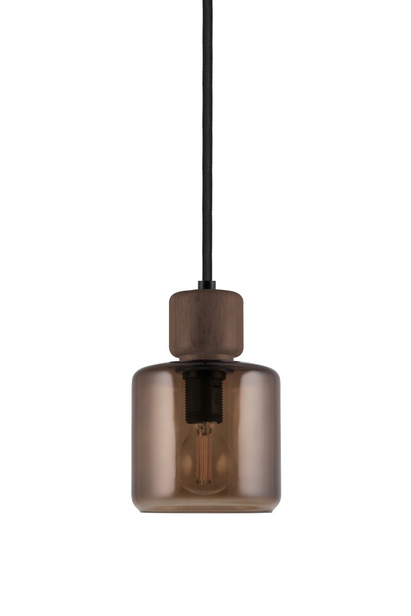 DOT Ø10 Brun De Globen Lighting - Le bouton en bois caractéristique contraste nettement avec l'abat-jour en verre et confère à la lampe son caractère.