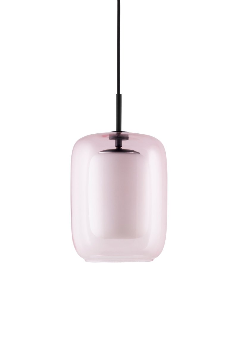 Cuboza Ø20 Pêche suspension De Globen Lighting - Cuboza est une suspension de nuit compos&eacute;e de deux &eacute;l&eacute;ments en verre et de m&eacute;tal noir mat contrastant.