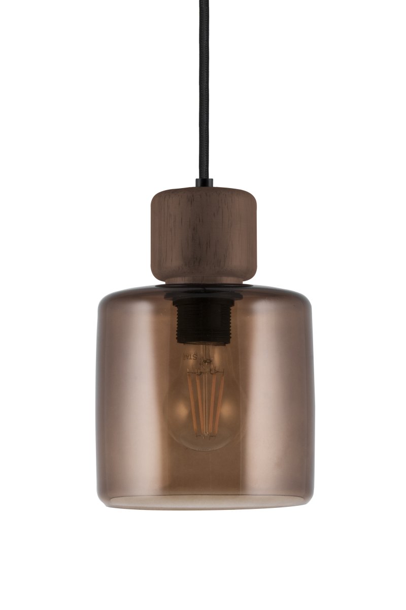 DOT Ø15 Brun suspension De Globen Lighting - Le bouton en bois caract&eacute;ristique contraste nettement avec l'abat-jour en verre et conf&egrave;re &agrave; la lampe son caract&egrave;re.