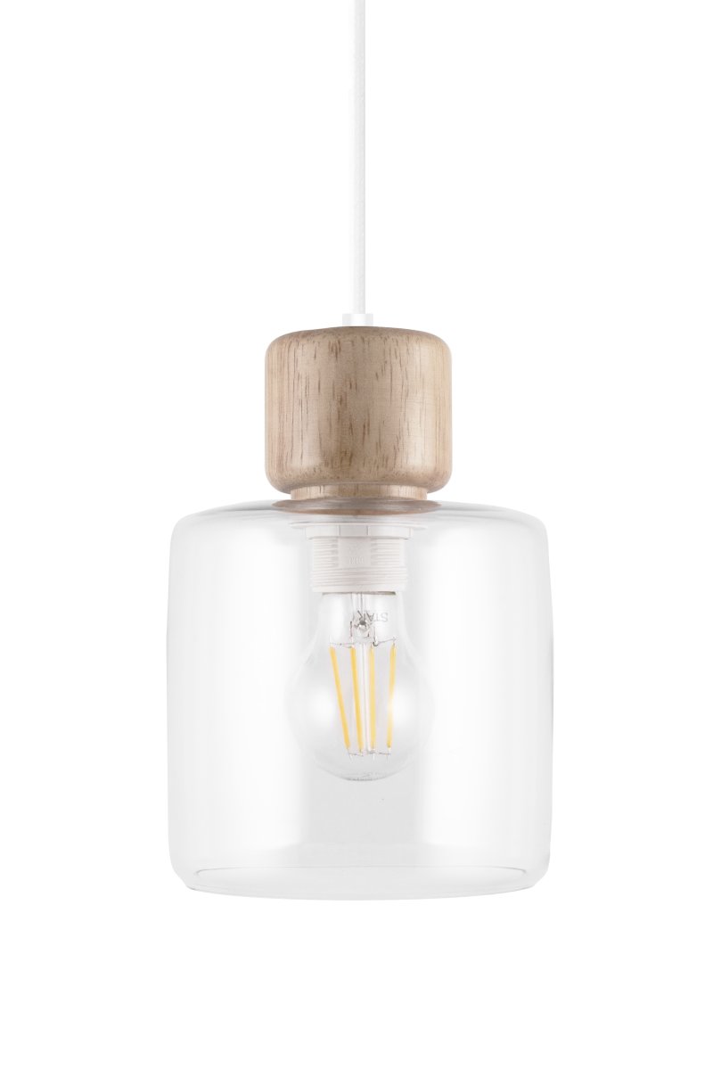 DOT Ø15 Transparent suspension De Globen Lighting - Le bouton en bois caractéristique contraste nettement avec l'abat-jour en verre et confère à la lampe son caractère.