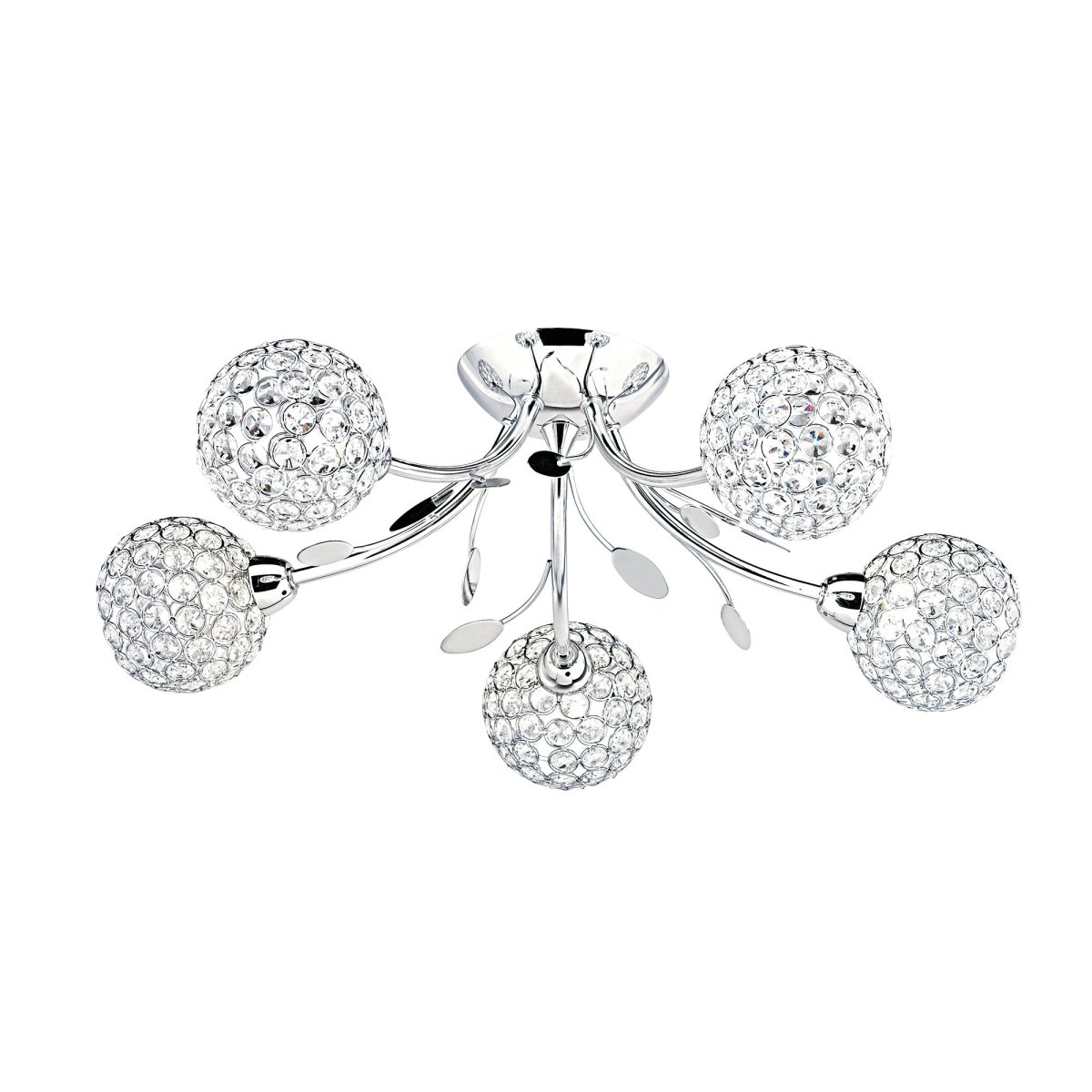 Bellis Ø54 Chrome plafonnier De Searchlight - Le plafonnier Bellis II en chrome avec cinq sources lumineuses et des abat-jour en verre transparent ainsi qu'une d&eacute;coration de feuilles laisse une impression &eacute;l&eacute;gante dans la chambre, le salon, la salle &agrave; manger ou la cuisine.