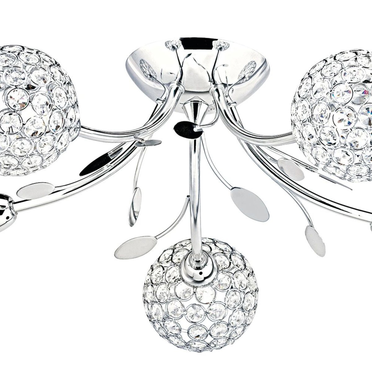 Bellis Ø54 Chrome plafonnier De Searchlight - Le plafonnier Bellis II en chrome avec cinq sources lumineuses et des abat-jour en verre transparent ainsi qu'une d&eacute;coration de feuilles laisse une impression &eacute;l&eacute;gante dans la chambre, le salon, la salle &agrave; manger ou la cuisine.