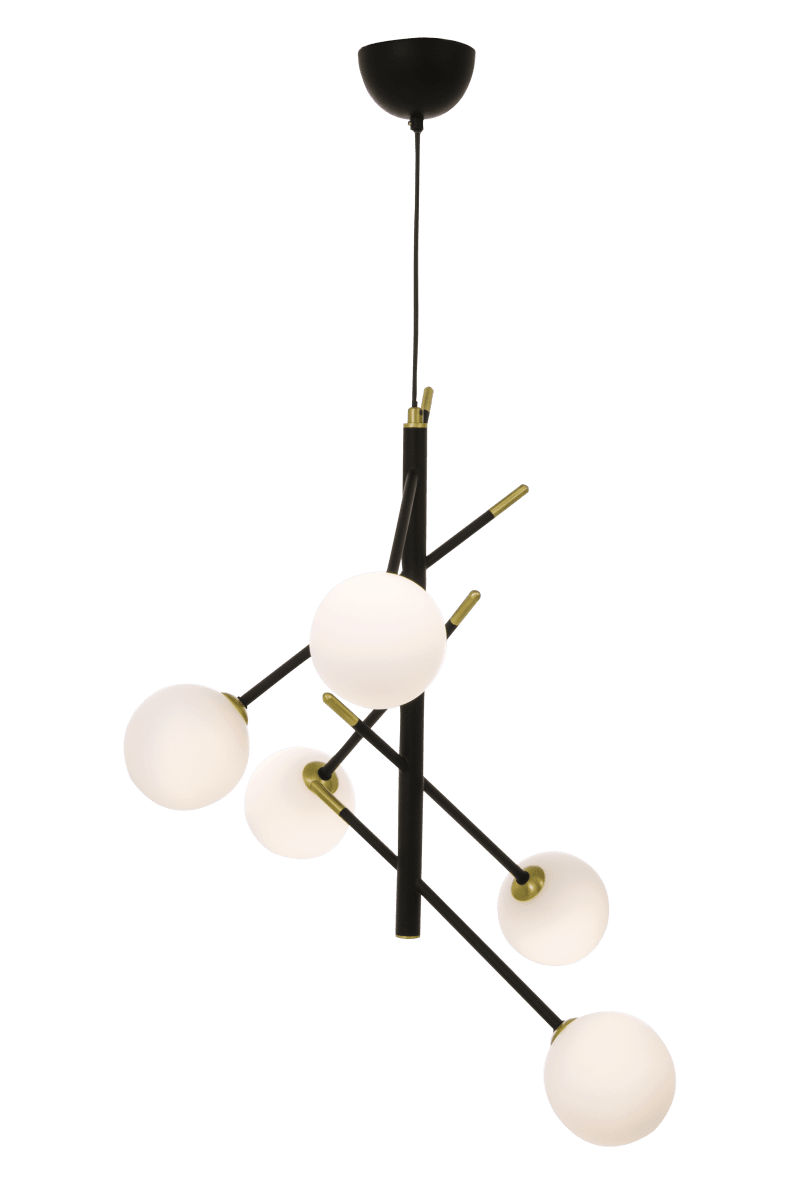 Akrobat 58cm Noir suspension De Aneta Lighting - Plafonnier Acrobat en m&eacute;tal laqu&eacute; noir avec d&eacute;tails en laiton mat et 5 abat-jour en verre blanc opale.