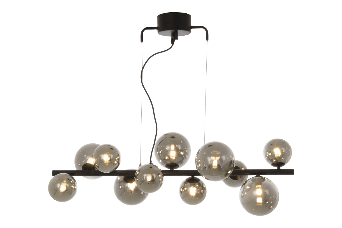 Molekyl 85cm Gris fumé suspension De Aneta Lighting - Plafonnier tendance Molekyl en métal noir avec 11 abat-jour en verre fumé de différentes tailles réglables un poteau de 85 cm de long.