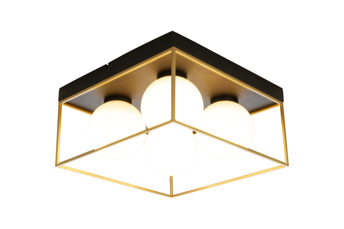 Astro 28cm Noir plafonnier De Aneta Lighting - Plafonnier Astro en m&eacute;tal laqu&eacute; noir avec 4 abat-jour en verre blanc opale encadr&eacute;s &agrave; la base de d&eacute;tails dor&eacute;s.