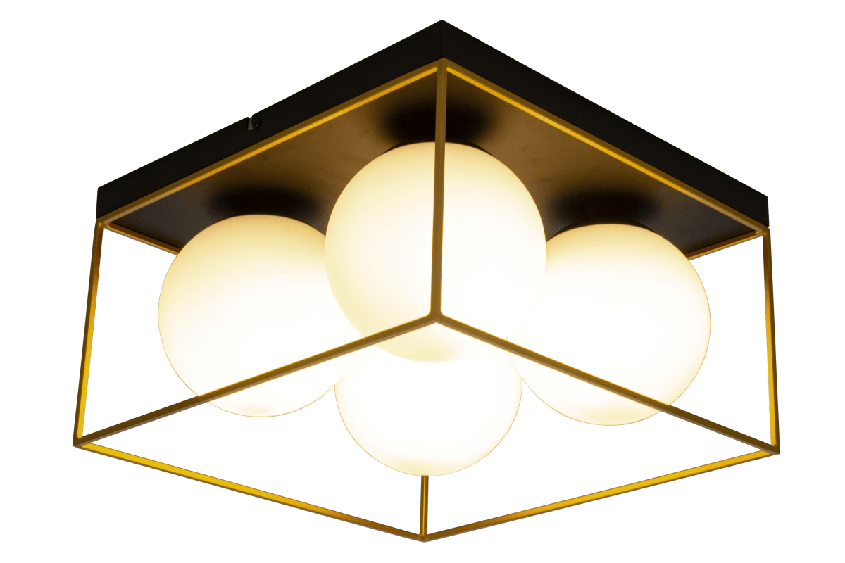 Astro 36cm Noir plafonnier De Aneta Lighting - Plafonnier Astro en m&eacute;tal laqu&eacute; noir avec 4 abat-jour en verre blanc opale encadr&eacute;s &agrave; la base de d&eacute;tails dor&eacute;s.