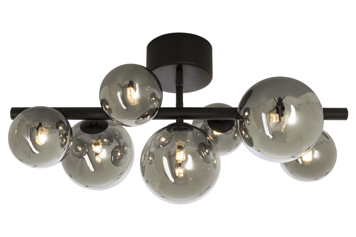 Molekyl 58cm Gris fumé plafonnier De Aneta Lighting - Plafonnier tendance Molekyl en métal noir avec 7 abat-jour en verre fumé de différentes tailles réglables un poteau de 58 cm de long.