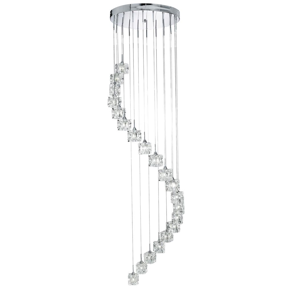 Ice Cube Ø45 Chrome suspension De Searchlight - Grâce à sa conception en cascade de 3 mètres de haut, ce luminaire est idéal pour les couloirs et les cages d'escalier à hauts plafonds, où il devient un élément central de la décoration.