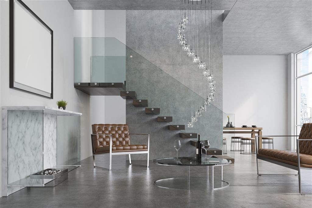 Ice Cube Ø45 Chrome suspension De Searchlight - Grâce à sa conception en cascade de 3 mètres de haut, ce luminaire est idéal pour les couloirs et les cages d'escalier à hauts plafonds, où il devient un élément central de la décoration.