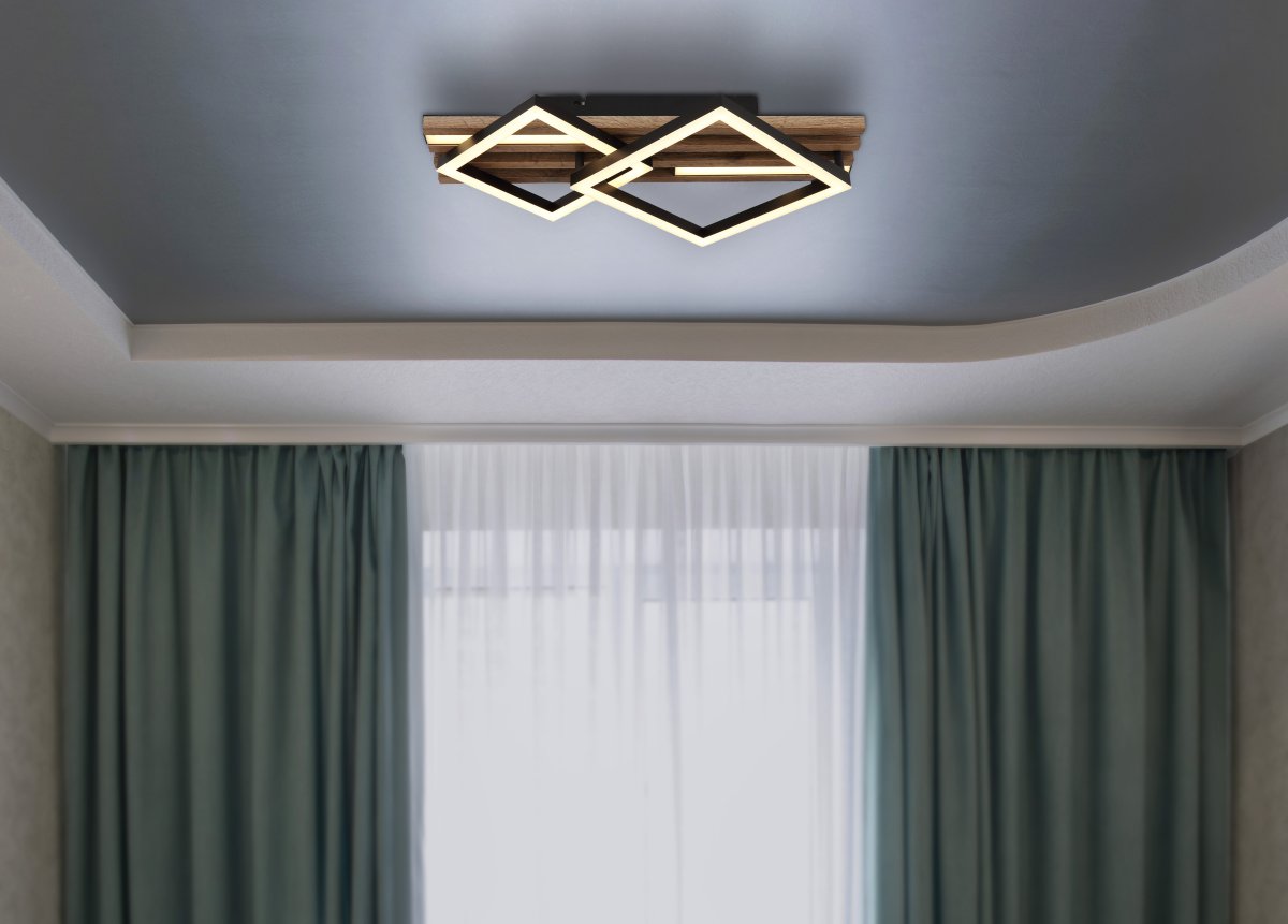 Obrien 47cm Bois plafonnier De Globo Lighting - Takf&auml;stet som efterliknar akustikpanel i kombination med de mattsvarta detaljerna i metall bidrar med industriell k&auml;nsla till rummet.