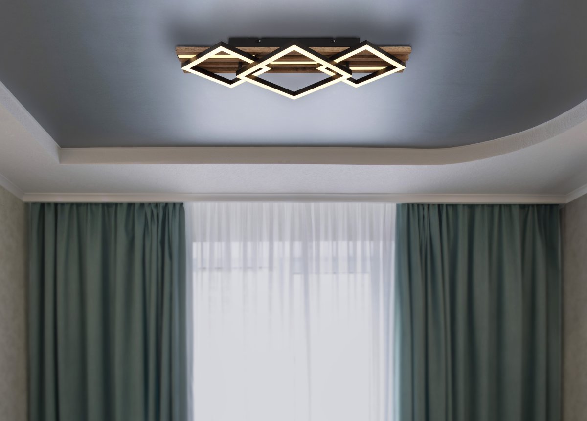 Obrien 60cm Bois plafonnier De Globo Lighting - Takf&auml;stet som efterliknar akustikpanel i kombination med de mattsvarta detaljerna i metall bidrar med industriell k&auml;nsla till rummet.