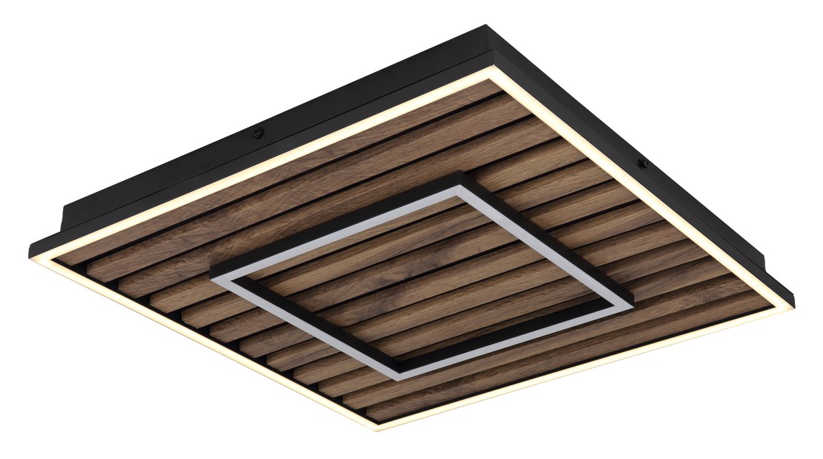 Woody 45cm Bois plafonnier De Globo Lighting - Takf&auml;stet som efterliknar akustikpanel i kombination med de mattsvarta detaljerna i metall bidrar med industriell k&auml;nsla till rummet.