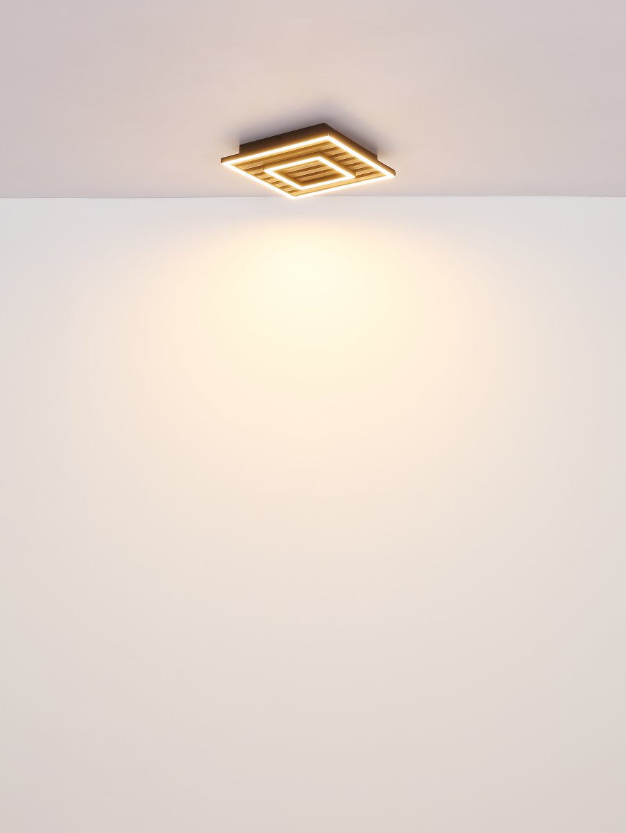 Woody 30cm Bois plafonnier De Globo Lighting - Takf&auml;stet som efterliknar akustikpanel i kombination med de mattsvarta detaljerna i metall bidrar med industriell k&auml;nsla till rummet.