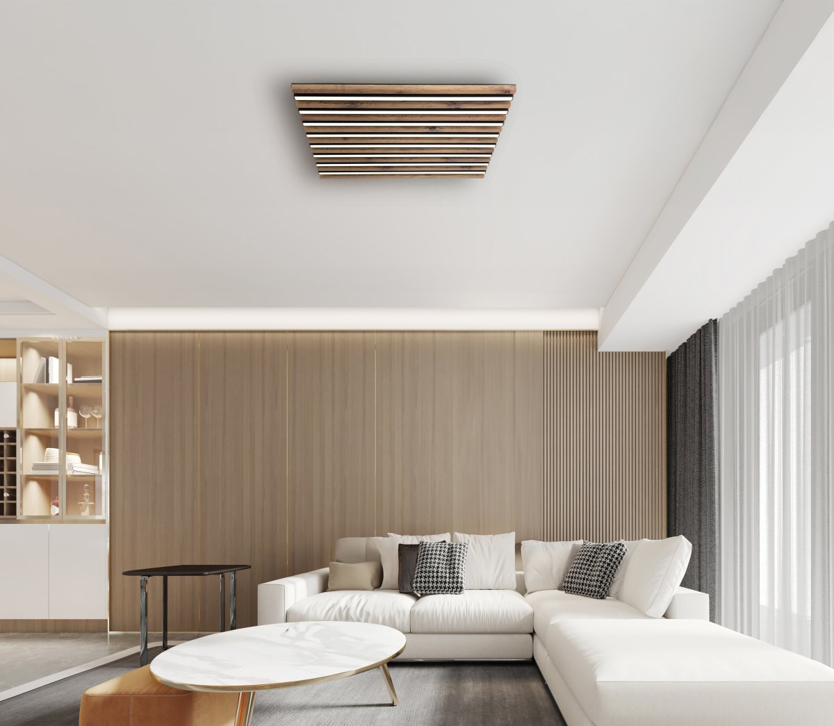 Hayden 60cm Bois plafonnier De Globo Lighting - Den kvadratiska plafonden Hayden &ouml;vertalar med sin moderna akustikpanel-look och bidrar med en h&auml;rlig ljusspridning i rummet.