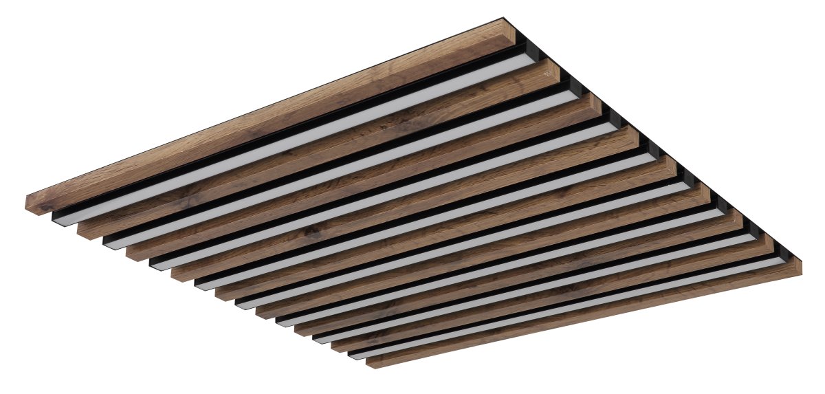Hayden 60cm Bois plafonnier De Globo Lighting - Den kvadratiska plafonden Hayden &ouml;vertalar med sin moderna akustikpanel-look och bidrar med en h&auml;rlig ljusspridning i rummet.