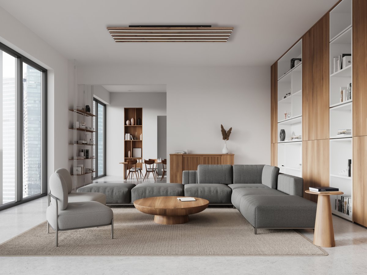 Hayden 120cm Bois plafonnier De Globo Lighting - Den rektangul&auml;ra plafonden Hayden &ouml;vertalar med sin moderna akustikpanel-look och bidrar med en h&auml;rlig ljusspridning i rummet.