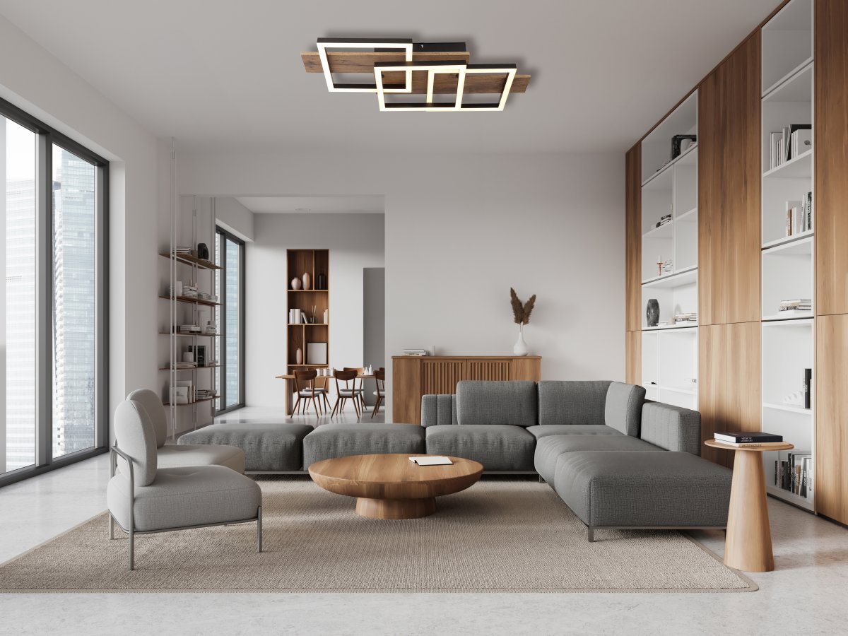 Jeffry 58cm Bois plafonnier De Globo Lighting - Takf&auml;stet som efterliknar tr&auml; i kombination med de mattsvarta detaljerna i metall bidrar med industriell k&auml;nsla till rummet.