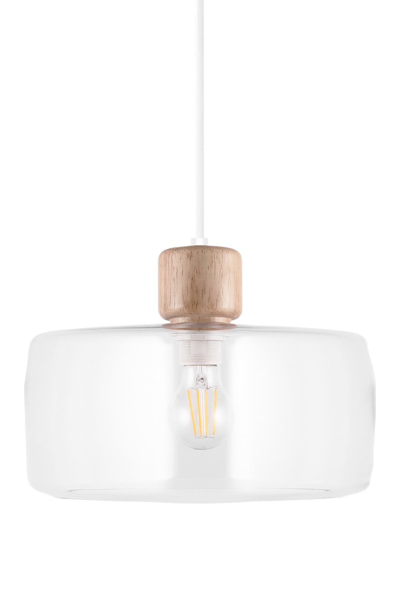 DOT Ø30 Transparent suspension De Globen Lighting - Le bouton en bois caractéristique contraste nettement avec l'abat-jour en verre et confère à la lampe son caractère.