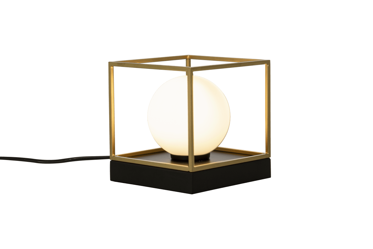 Astro 15cm Noir lampe de table De Aneta Lighting - Lampe de table Astro en métal laqué noir avec un dôme en verre blanc opale, encadrée de détails dorés sur la base.